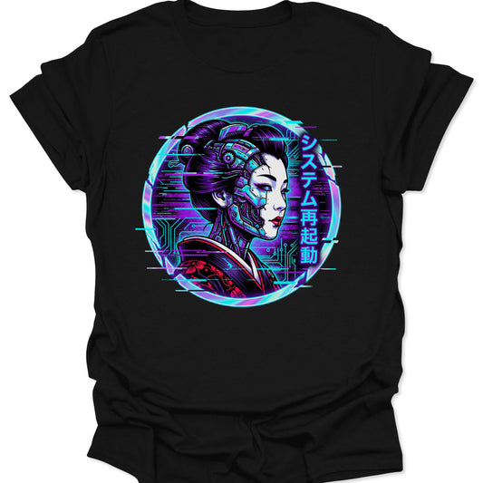 Black unisex adult t-shirt featuring a high-contrast cyborg geisha with vibrant magenta glitch art and futuristic circuitry.