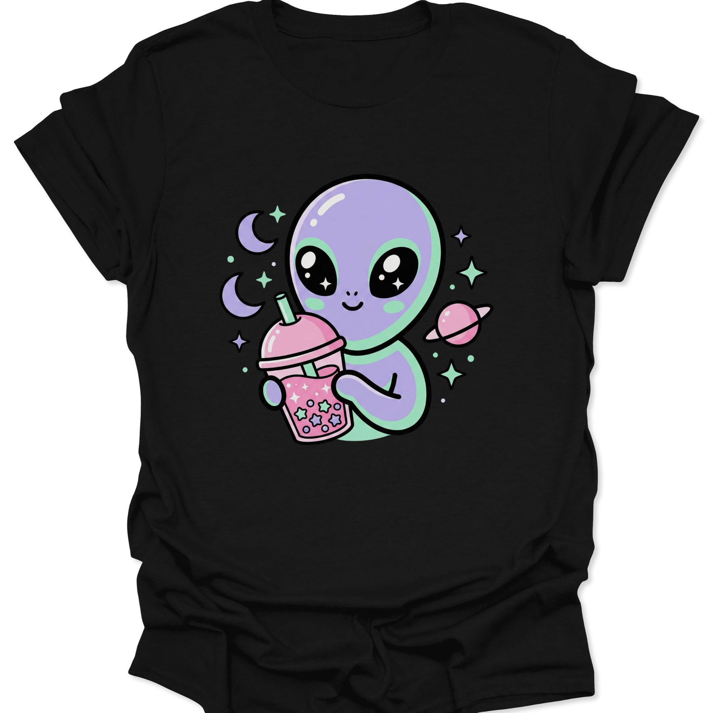 Black unisex adult t-shirt showcasing a vibrant purple alien enjoying boba tea amidst celestial stars and planets.