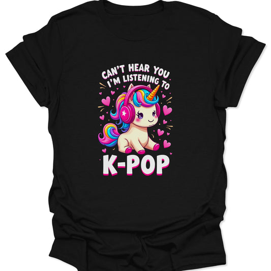 Black ring-spun cotton shirt featuring a pastel unicorn listening to K-pop in a chibi anime style, isolated on a white background.