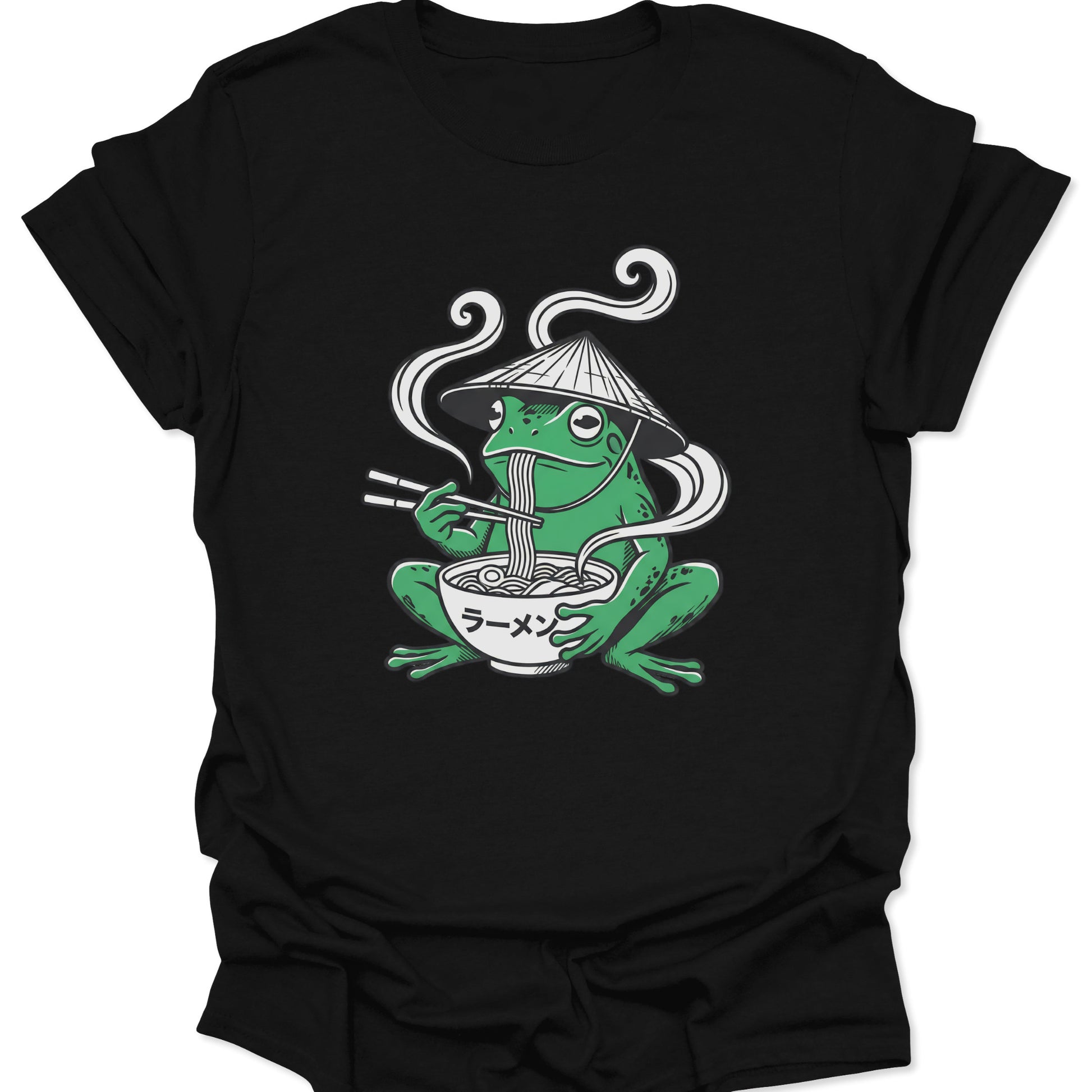 Black unisex adult t-shirt featuring a green frog wearing a straw hat eating ramen with chopsticks in a vintage style.
