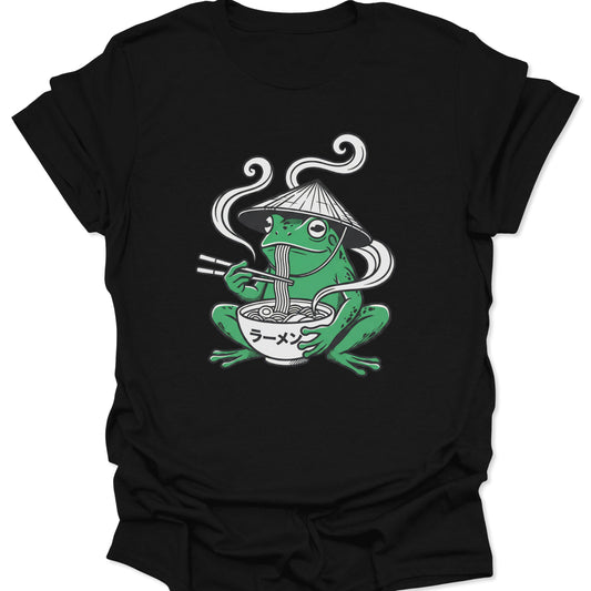 Black unisex adult t-shirt featuring a green frog wearing a straw hat eating ramen with chopsticks in a vintage style.