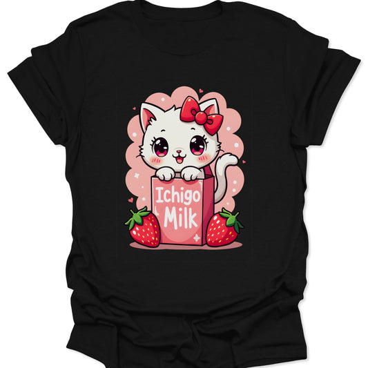Black lightweight cotton shirt featuring a vibrant pink strawberry milk cat design in a Harajuku streetwear art style, isolated on a white background.