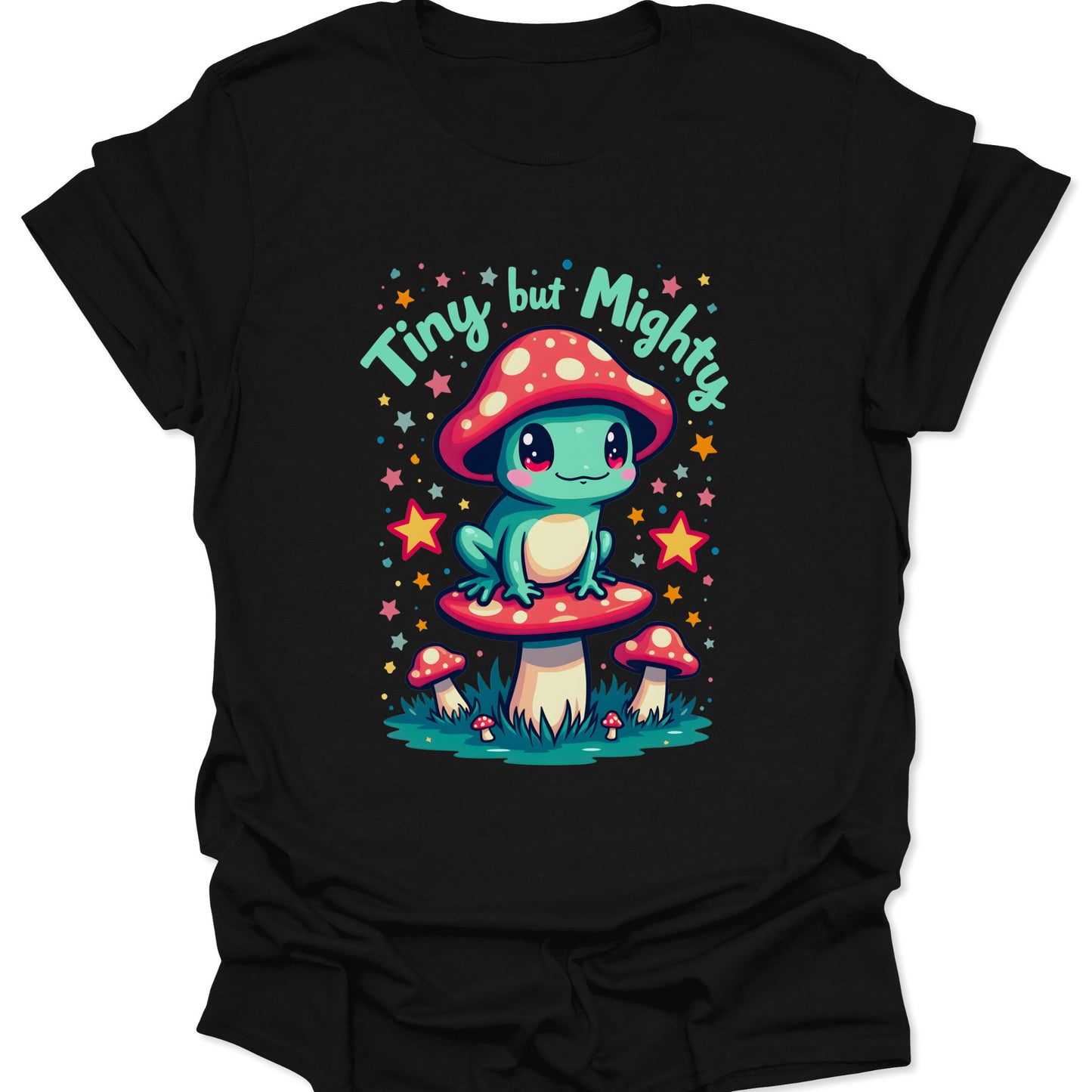 Black 100% ring-spun cotton shirt featuring a vibrant teal frog with a mushroom hat in a whimsical chibi art style, isolated on a solid black background.