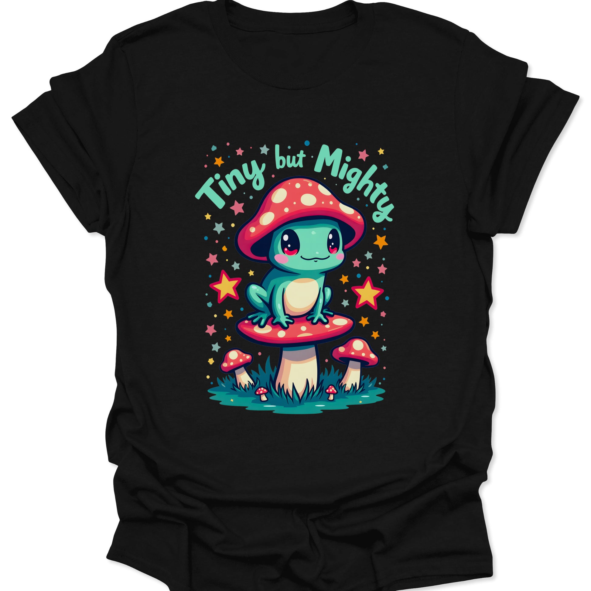 Black 100% ring-spun cotton shirt featuring a vibrant teal frog with a mushroom hat in a whimsical chibi art style, isolated on a solid black background.