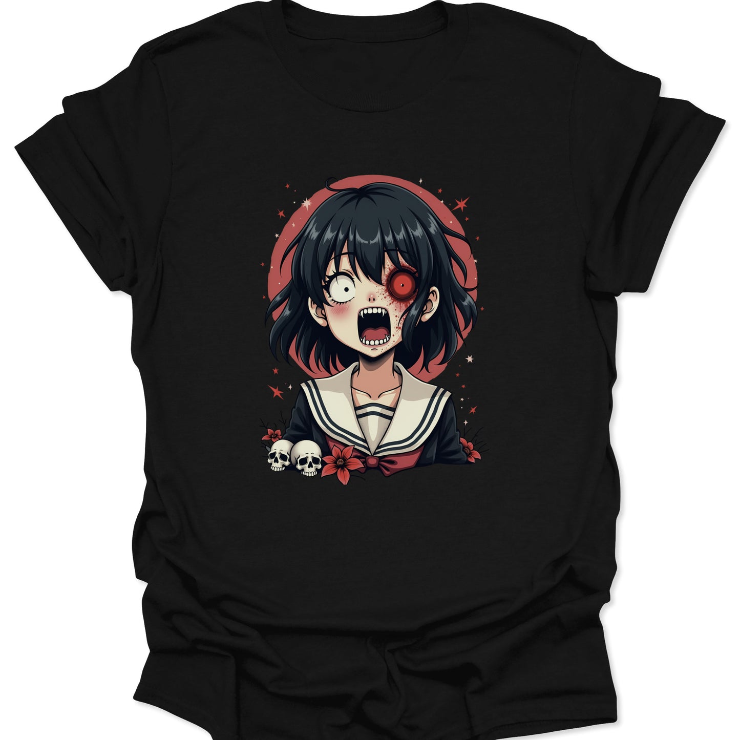 Black premium material shirt featuring a monochromatic Menhera anime girl design in edgy Japanese streetwear style, isolated on a studio background.