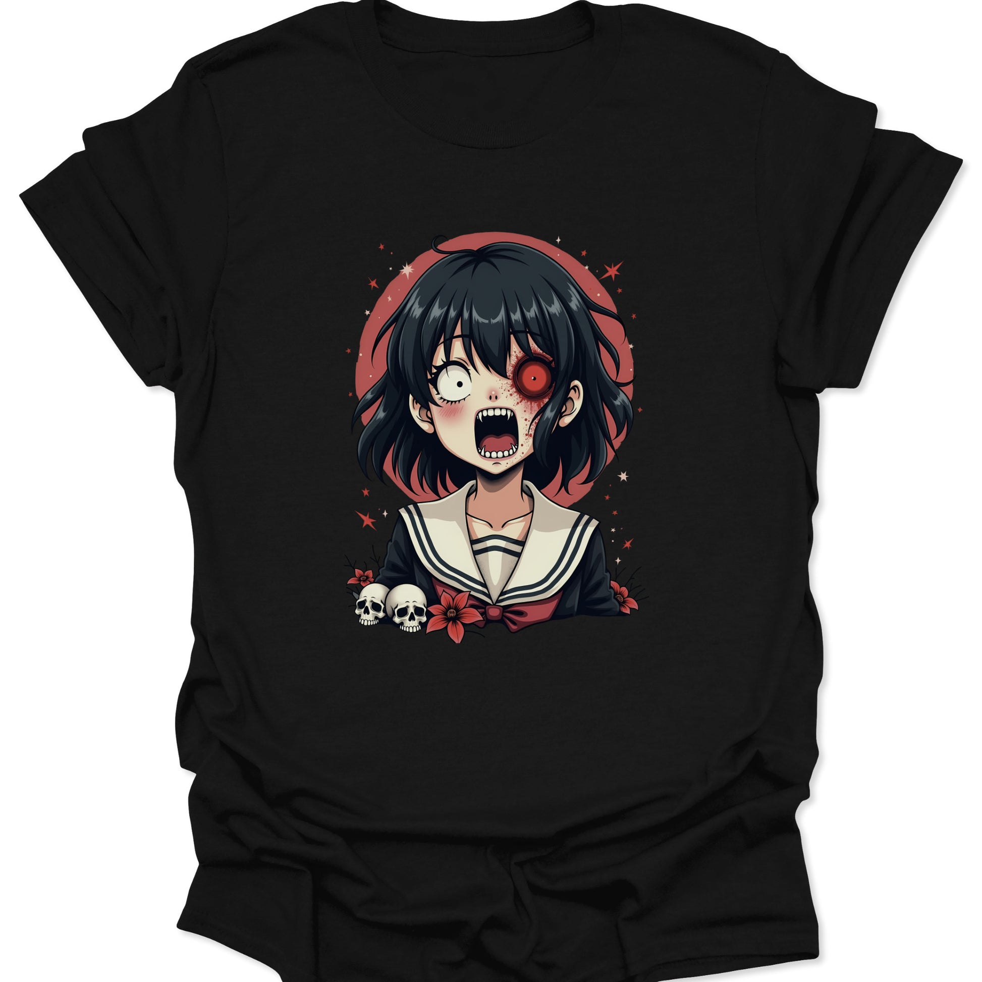 Black premium material shirt featuring a monochromatic Menhera anime girl design in edgy Japanese streetwear style, isolated on a studio background.