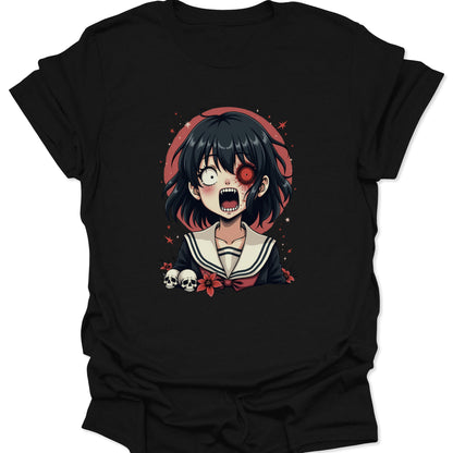 Black premium material shirt featuring a monochromatic Menhera anime girl design in edgy Japanese streetwear style, isolated on a studio background.