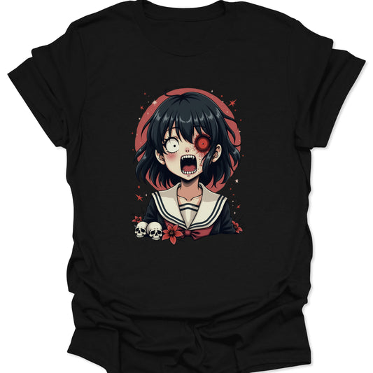 Black premium material shirt featuring a monochromatic Menhera anime girl design in edgy Japanese streetwear style, isolated on a studio background.