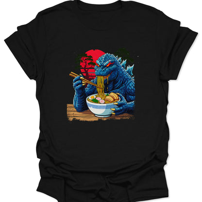 Black ring-spun cotton shirt featuring a colorful Kaiju monster eating ramen in a Japanese woodblock wave style, isolated on a solid black background.