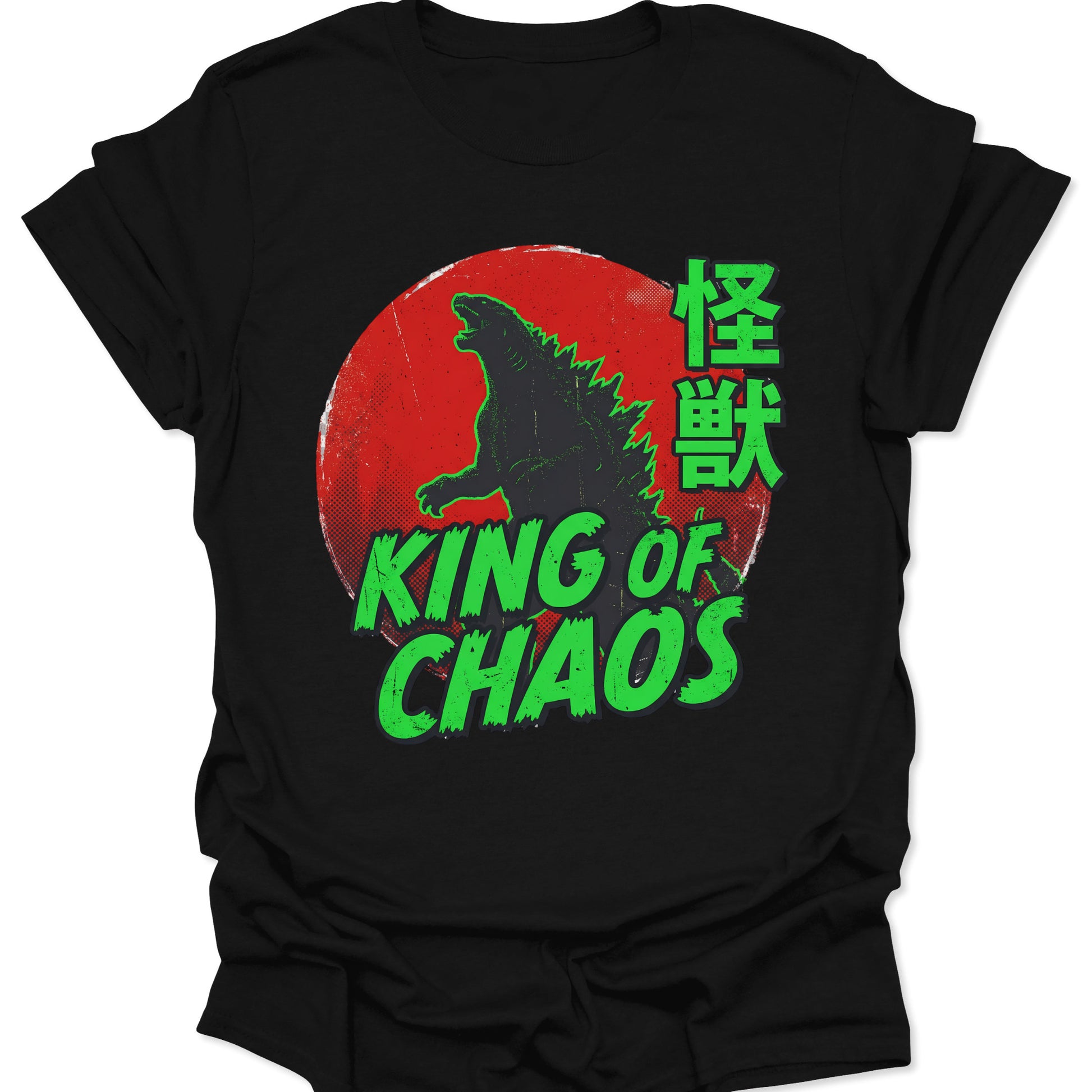 Black unisex adult t-shirt with a green Kaiju silhouette, red sun, and King of Chaos text in retro Japanese style.