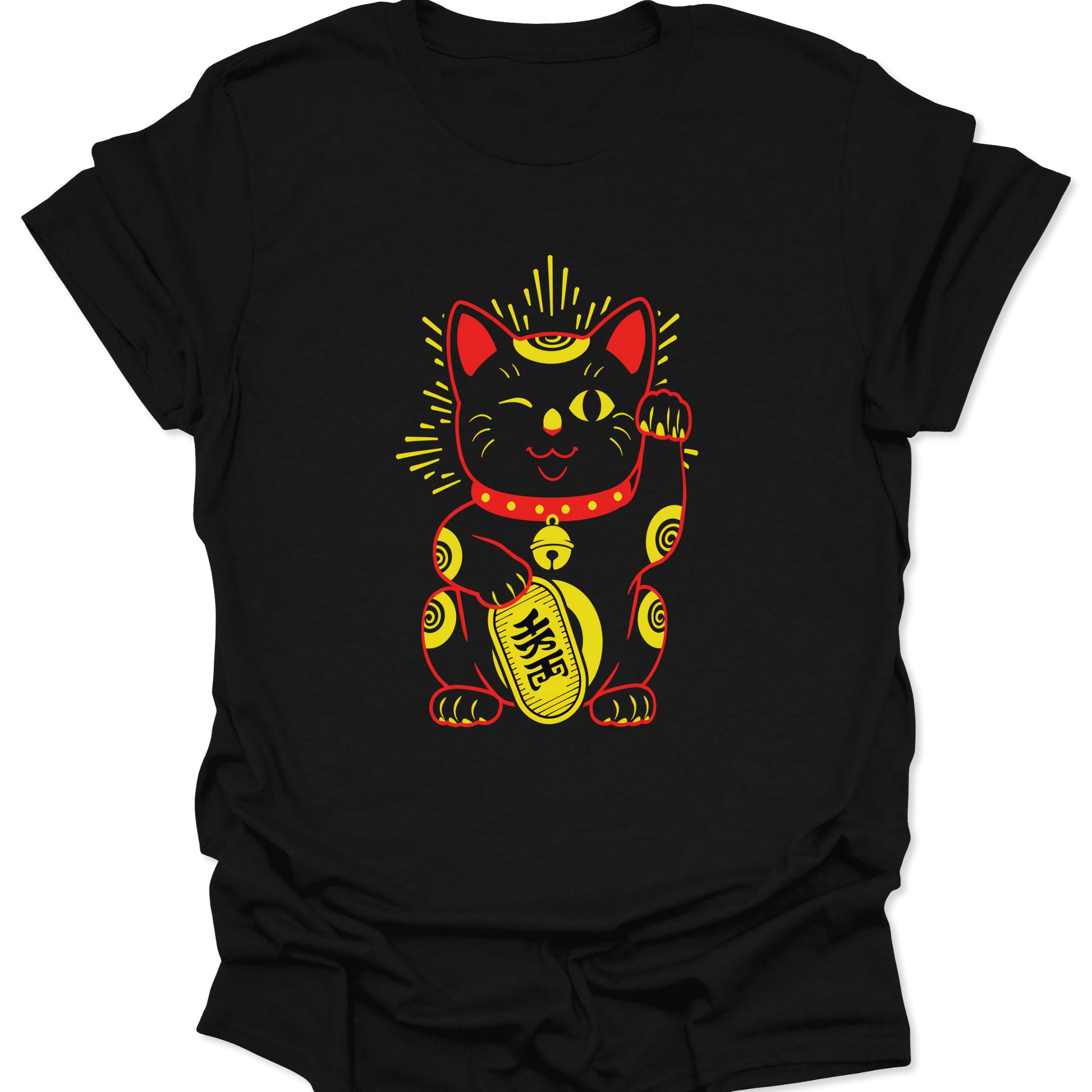 Black 100% ring-spun cotton shirt featuring a bold Maneki Neko Japanese Lucky Cat graphic in Neo-Edo vector style, isolated on a clean studio background.