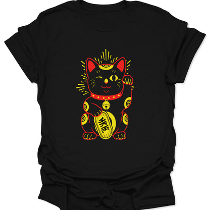 Black 100% ring-spun cotton shirt featuring a bold Maneki Neko Japanese Lucky Cat graphic in Neo-Edo vector style, isolated on a clean studio background.