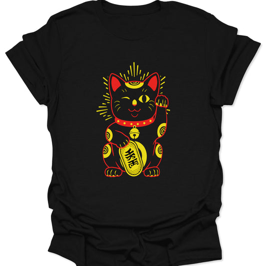 Black 100% ring-spun cotton shirt featuring a bold Maneki Neko Japanese Lucky Cat graphic in Neo-Edo vector style, isolated on a clean studio background.