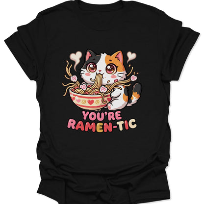 Black unisex adult t-shirt featuring a cute calico cat slurping ramen noodles with text You're Ramen-tic.