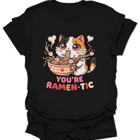 Black unisex adult t-shirt featuring a cute calico cat slurping ramen noodles with text You're Ramen-tic.