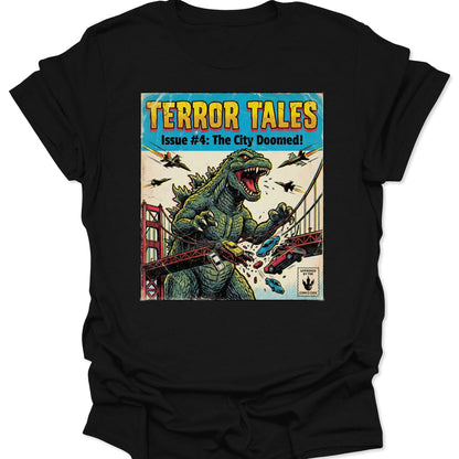 Black unisex adult t-shirt showcasing a Japanese Kaiju streetwear design of a green monster attacking bridge and jets.