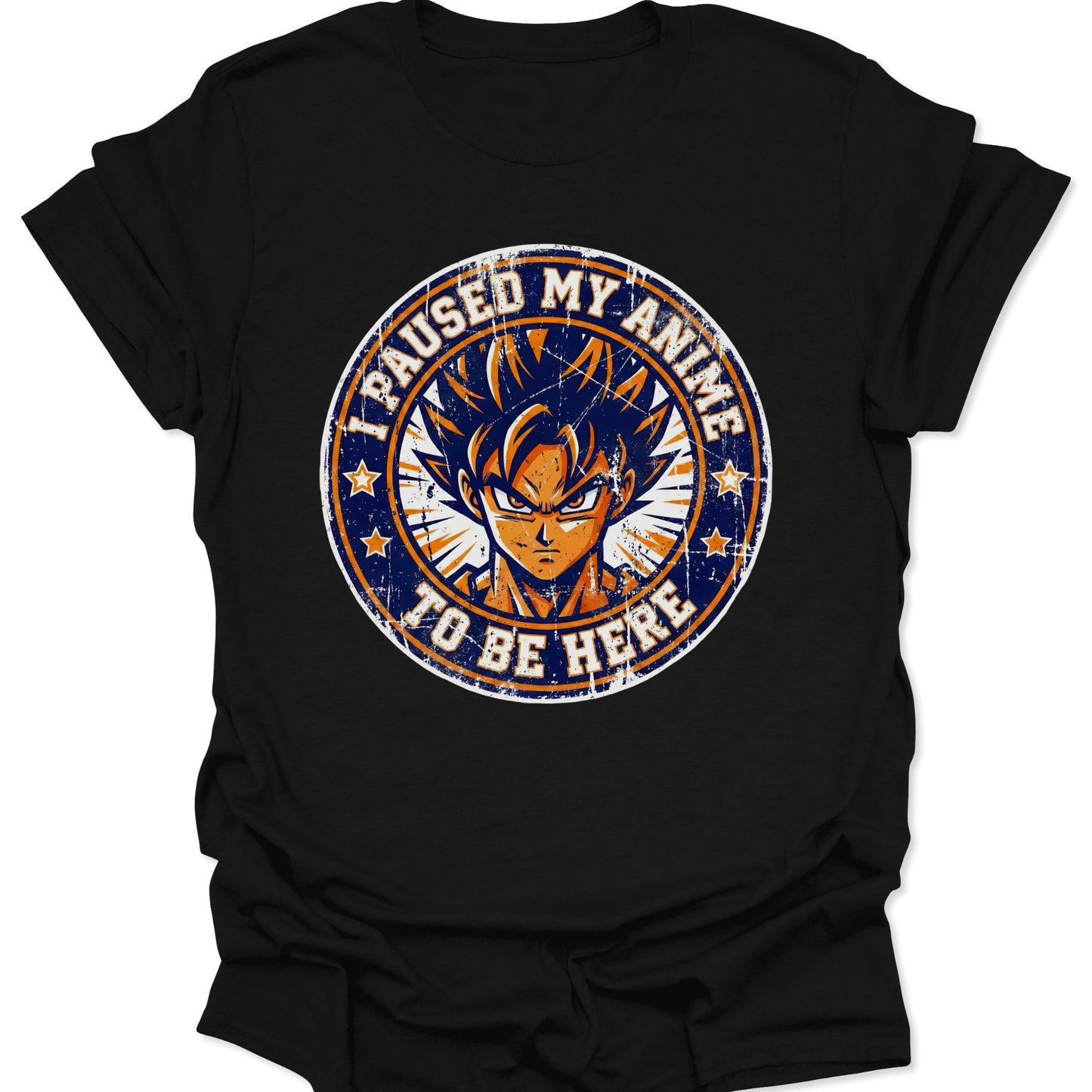 Black unisex adult t-shirt featuring a distressed orange and blue vintage anime hero graphic with funny pause quote.