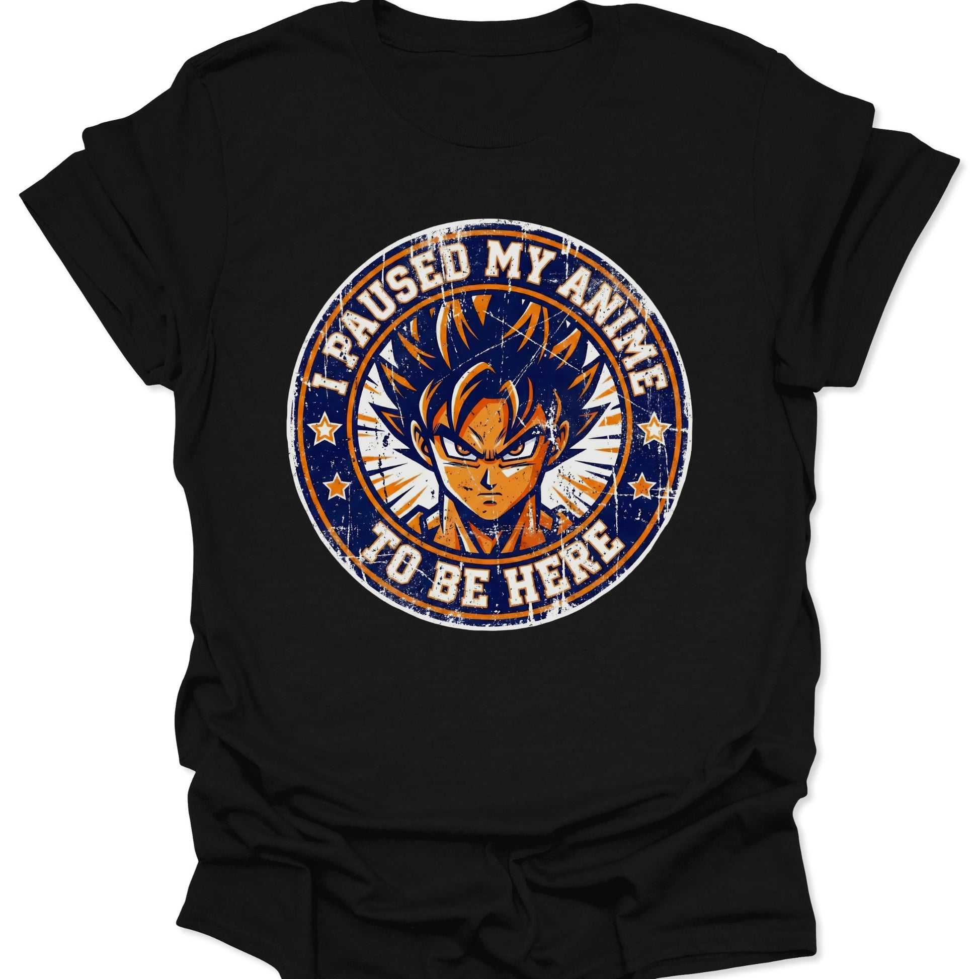Black unisex adult t-shirt featuring a distressed orange and blue vintage anime hero graphic with funny pause quote.