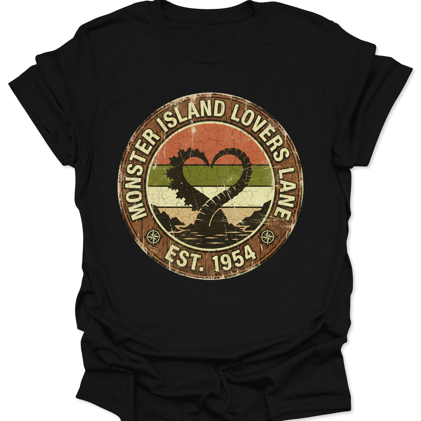 Black unisex adult t-shirt featuring distressed Monster Island Lovers Lane logo with Kaiju tails forming a heart shape.