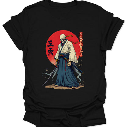 Black ring-spun cotton shirt featuring a skeleton samurai with a katana and red sun in Ukiyo-e style, isolated on a neutral studio background.