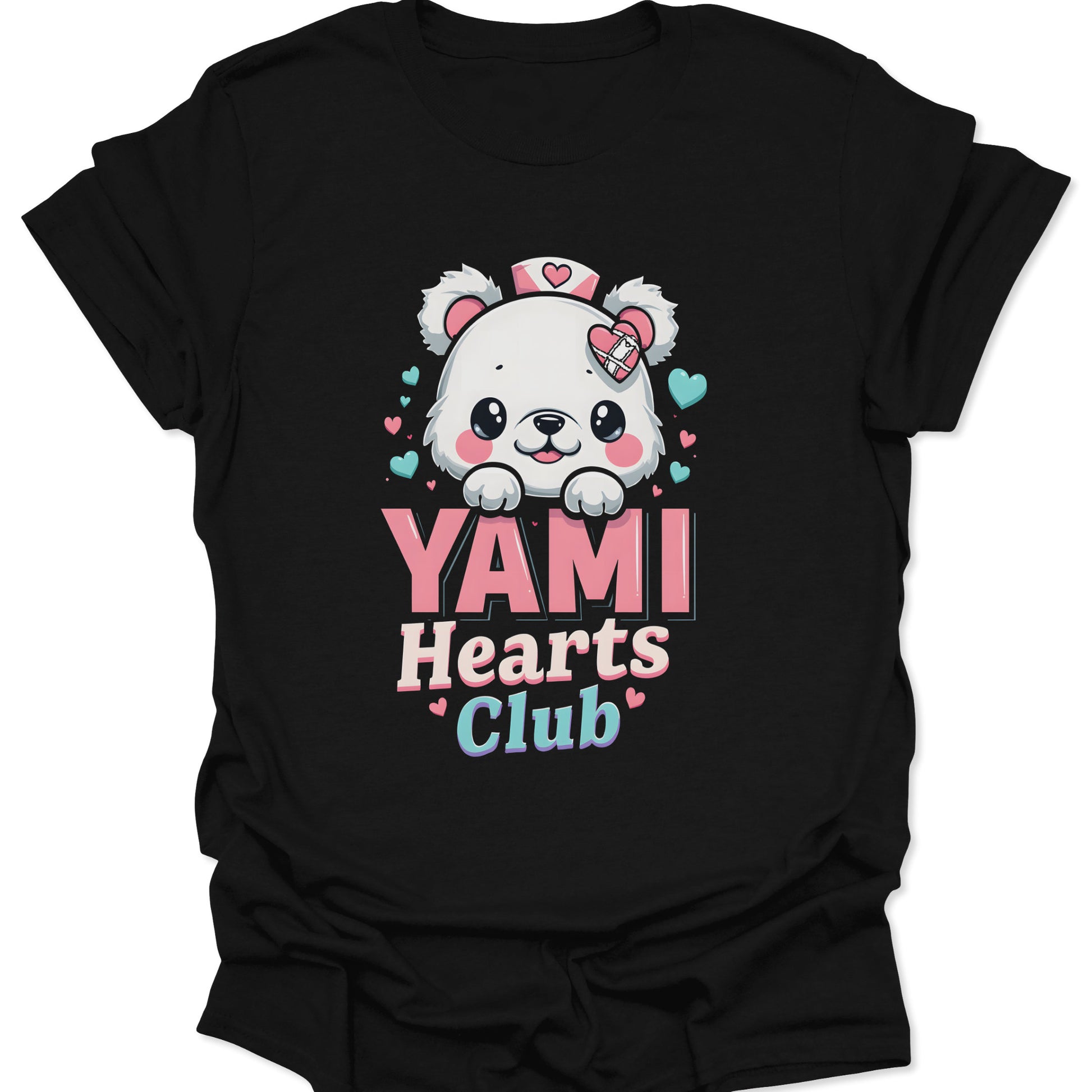 Black lightweight cotton shirt featuring a Yami Kawaii nurse bear with medical heart icons in a chibi anime style, isolated on a neutral studio background.