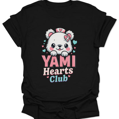 Black lightweight cotton shirt featuring a Yami Kawaii nurse bear with medical heart icons in a chibi anime style, isolated on a neutral studio background.