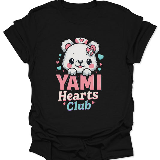 Black lightweight cotton shirt featuring a Yami Kawaii nurse bear with medical heart icons in a chibi anime style, isolated on a neutral studio background.
