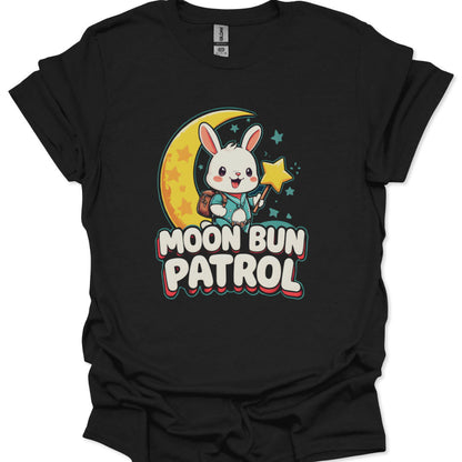 Black t-shirt with a cartoon bunny on a moon and stars design and 'Moon Bun Patrol' text.
