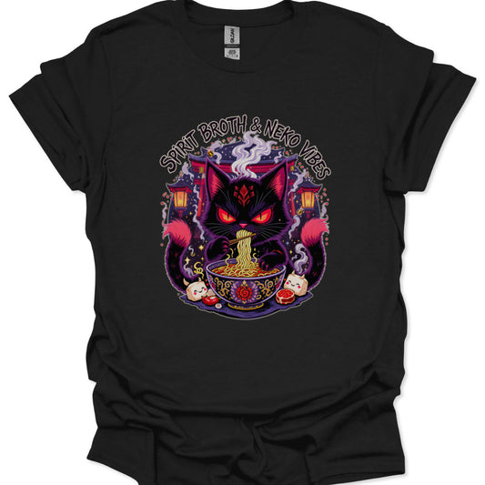 Kawaii yokai cat eating ramen with steam and lanterns