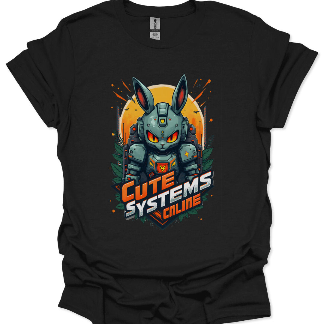 Black t-shirt with a robot and bunny design and 'Cute Systems Online' text on a white background