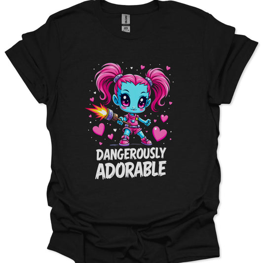 Black t-shirt with a cartoon character and 'Dangerously Adorable' text on a white background