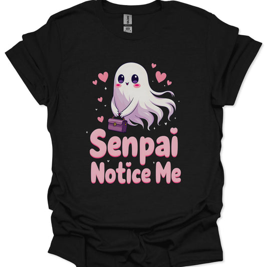 Black t-shirt with a cute ghost design and text on a white background