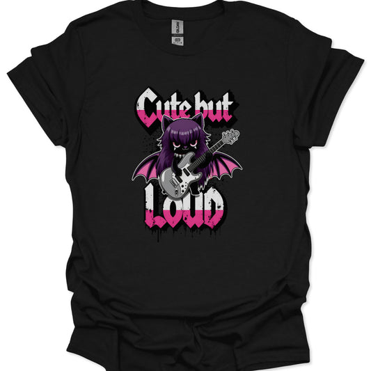 Kawaii bat t-shirt with Cute but Loud slogan in gothic font