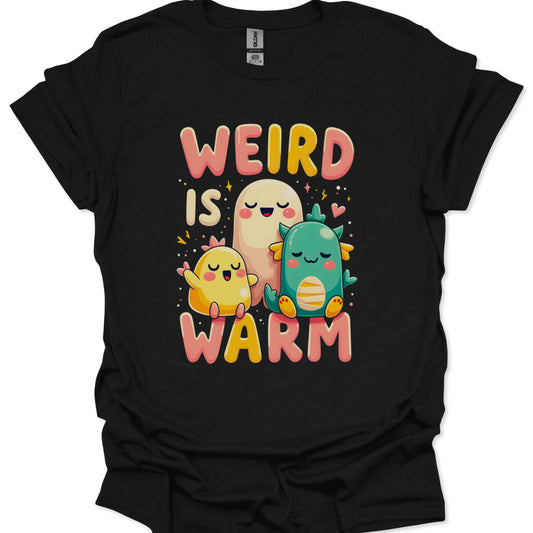 Black t-shirt with colorful cartoon characters and text 'WEIRD IS WARM' on a white background