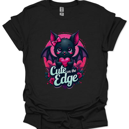Black t-shirt with a cute bat design and 'Cute on the Edge' text on a white background