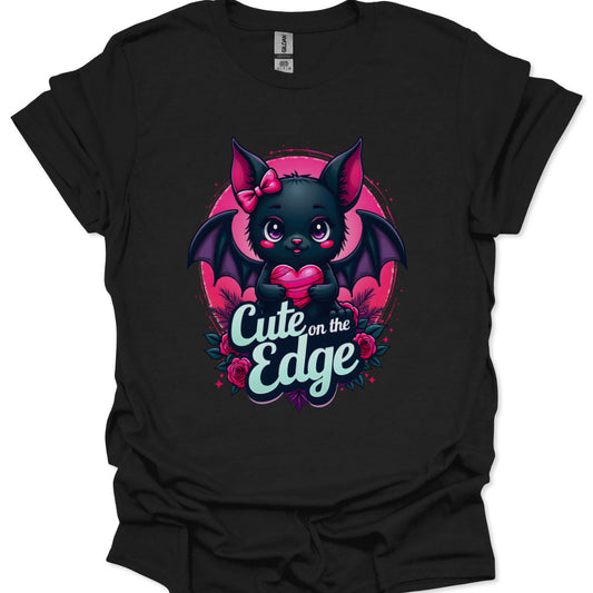 Black t-shirt with a cute bat design and 'Cute on the Edge' text on a white background