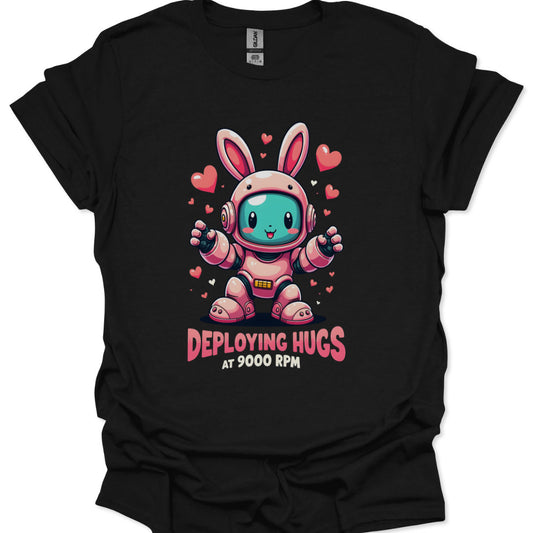 Black t-shirt with a cartoon character in a space suit and text 'Deploying Hugs at 9000 RPM' on a white background.