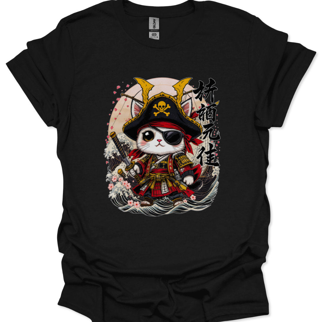 Black t-shirt with a cat in pirate costume design on a white background