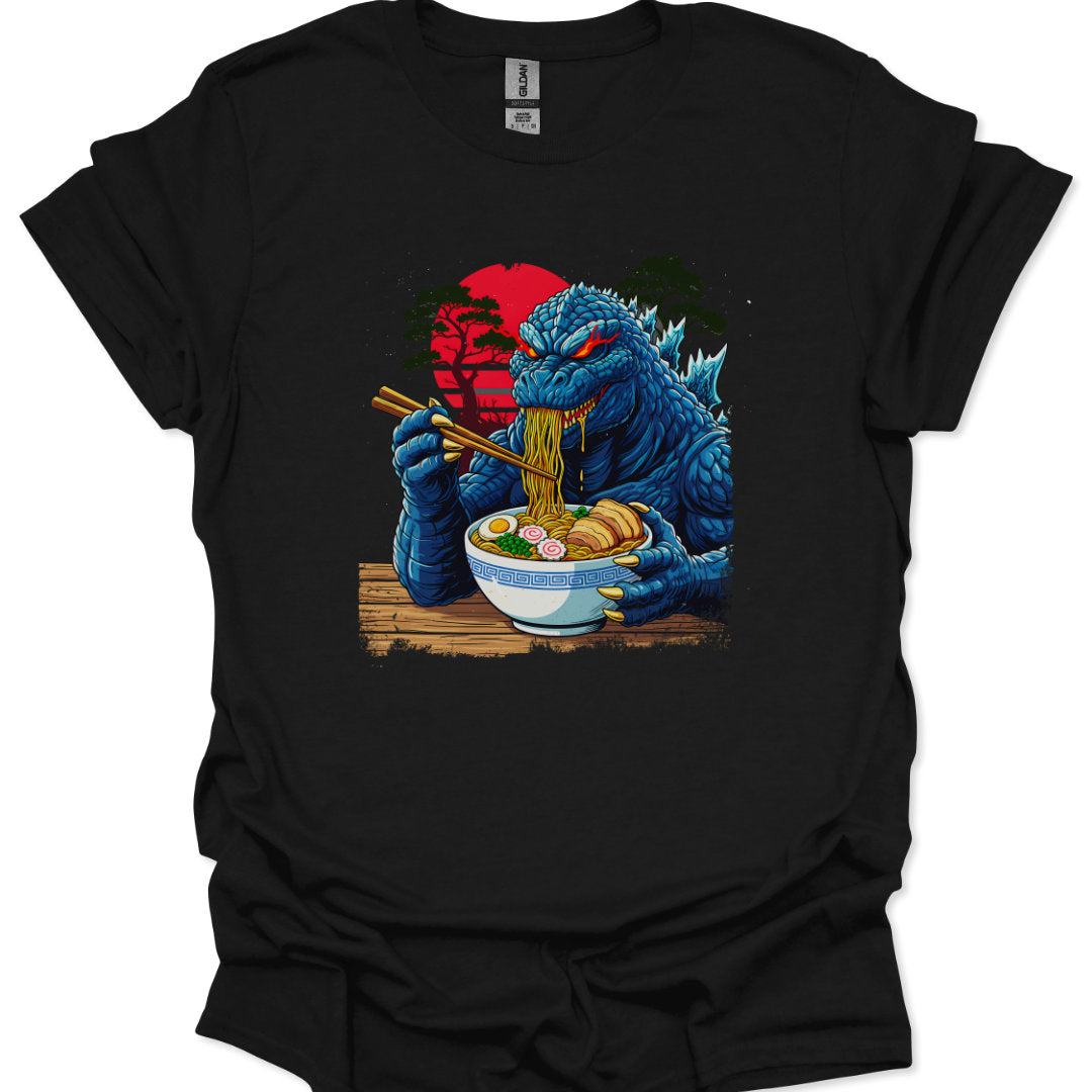 kawaii kaiju ramen t-shirt monster eating noodles design