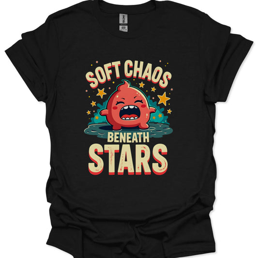 Kawaii chibi blob shouting beneath stars with Soft Chaos lettering