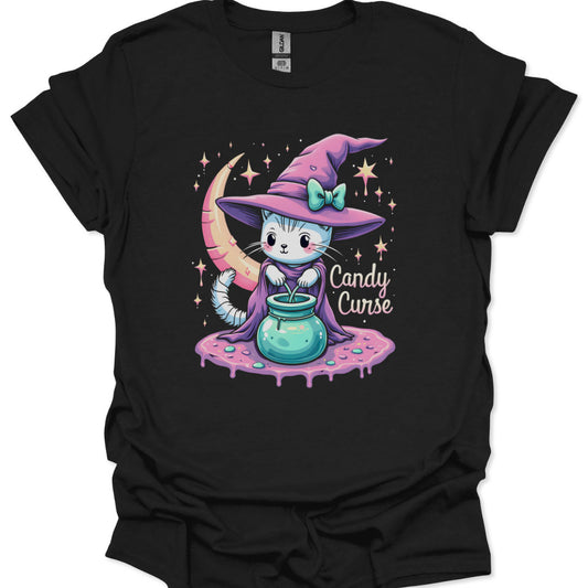 Black t-shirt with a cat in a witch hat and candy jar graphic on a white background