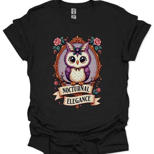 Black t-shirt with a colorful owl design and 'Nocturnal Elegance' text on a white background