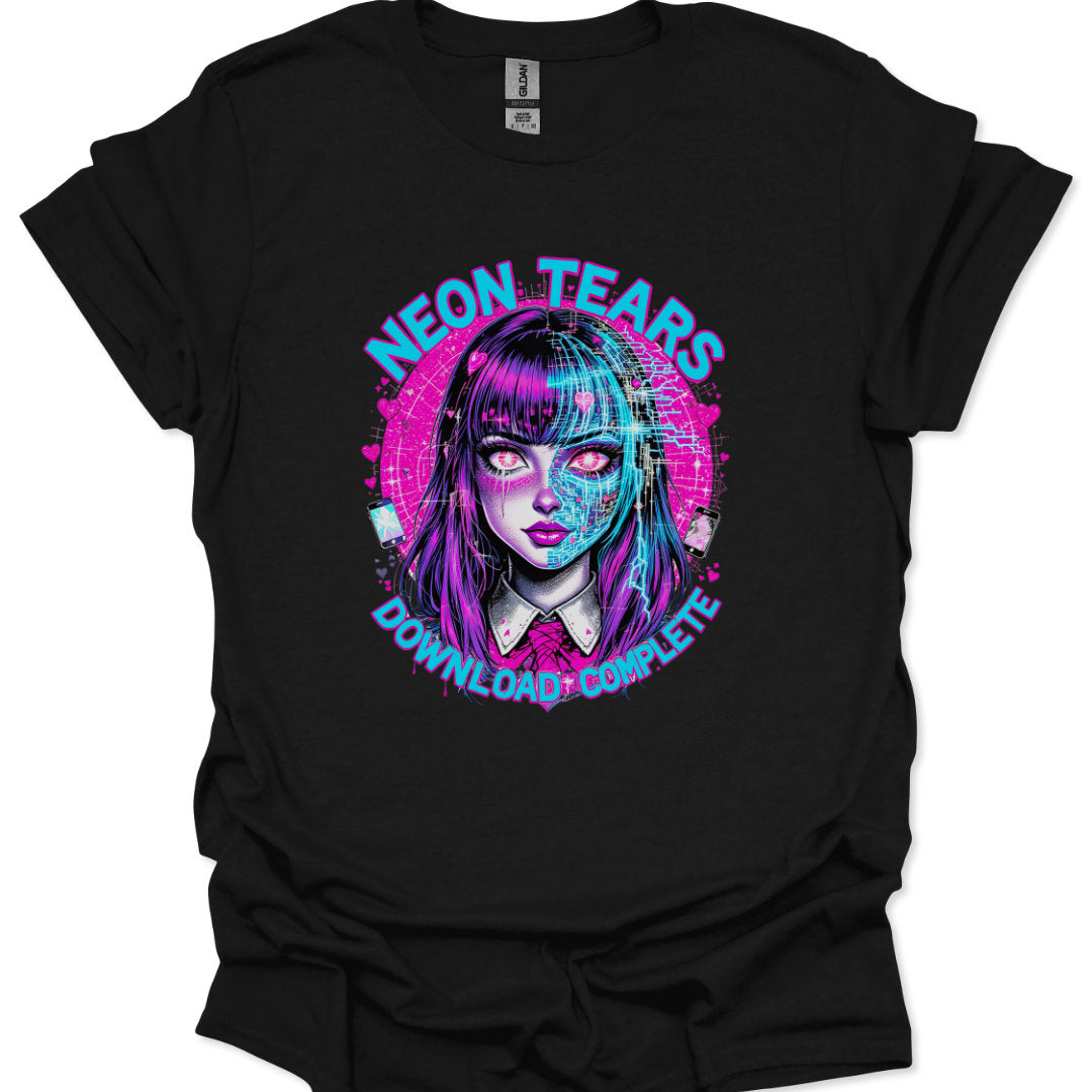 Black t-shirt with a colorful graphic of a woman's face and 'Neon Tears Download Complete' text on a white background.