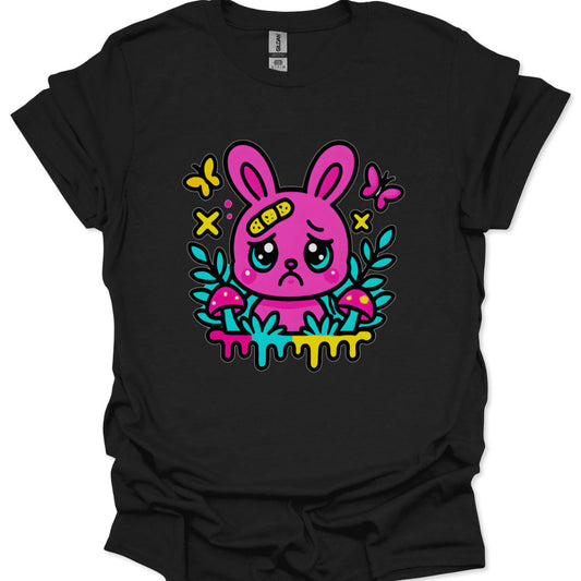 kawaii pink bunny with teary eyes and forehead bandage