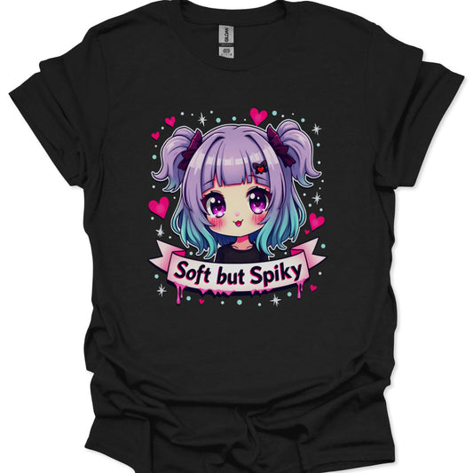 Black t-shirt with an anime character and 'Soft but Spiky' text on a white background