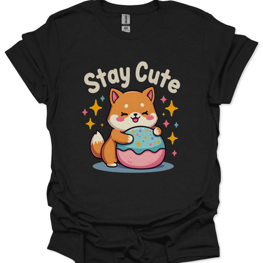 Black t-shirt with a cartoon fox holding a cake and 'Stay Cute' text on a white background