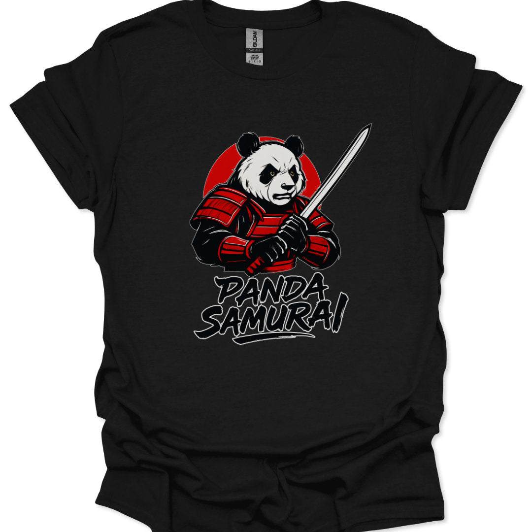 Black t-shirt with a panda holding a sword graphic and 'Panda Samurai' text on a white background