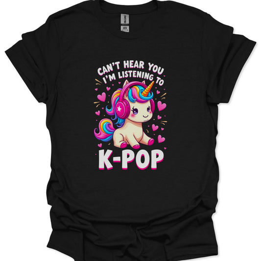 Kawaii Unicorn T-Shirt with pink headphones and K-Pop slogan graphic.