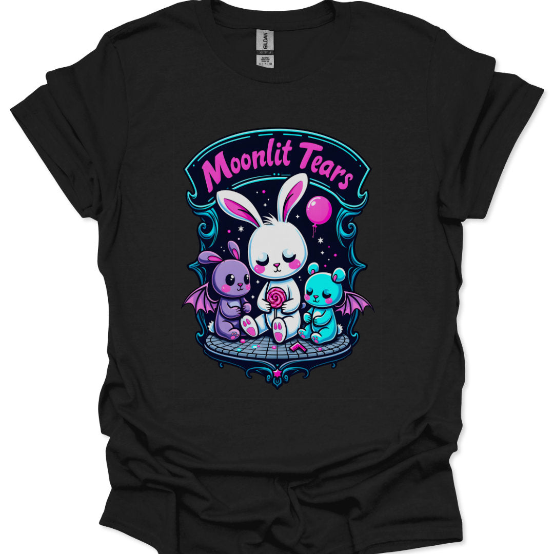Black t-shirt with cartoon characters and 'Moonlit Tears' text on a white background