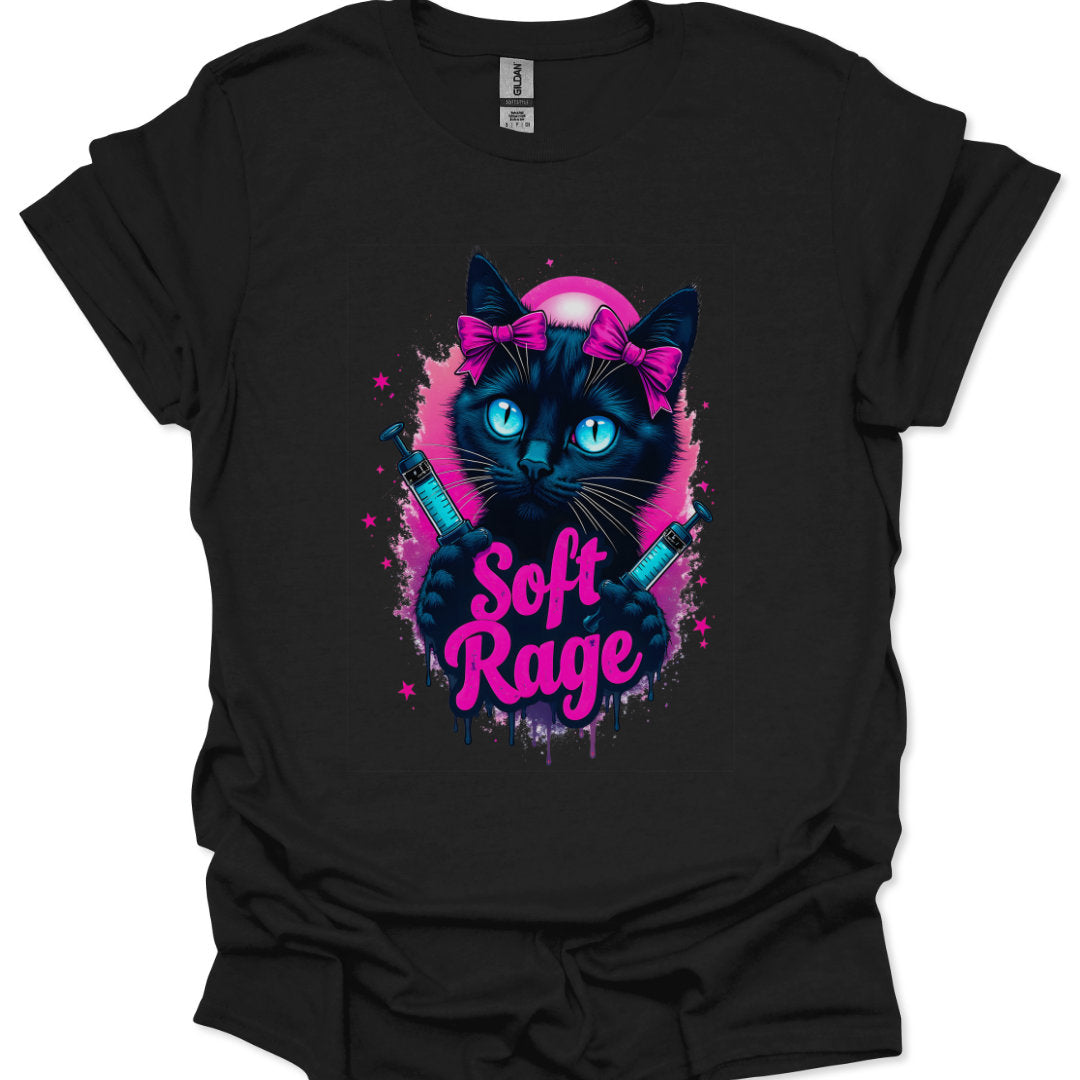 Black t-shirt with a graphic of a black cat with bows and the text 'Soft Rage' on a white background.